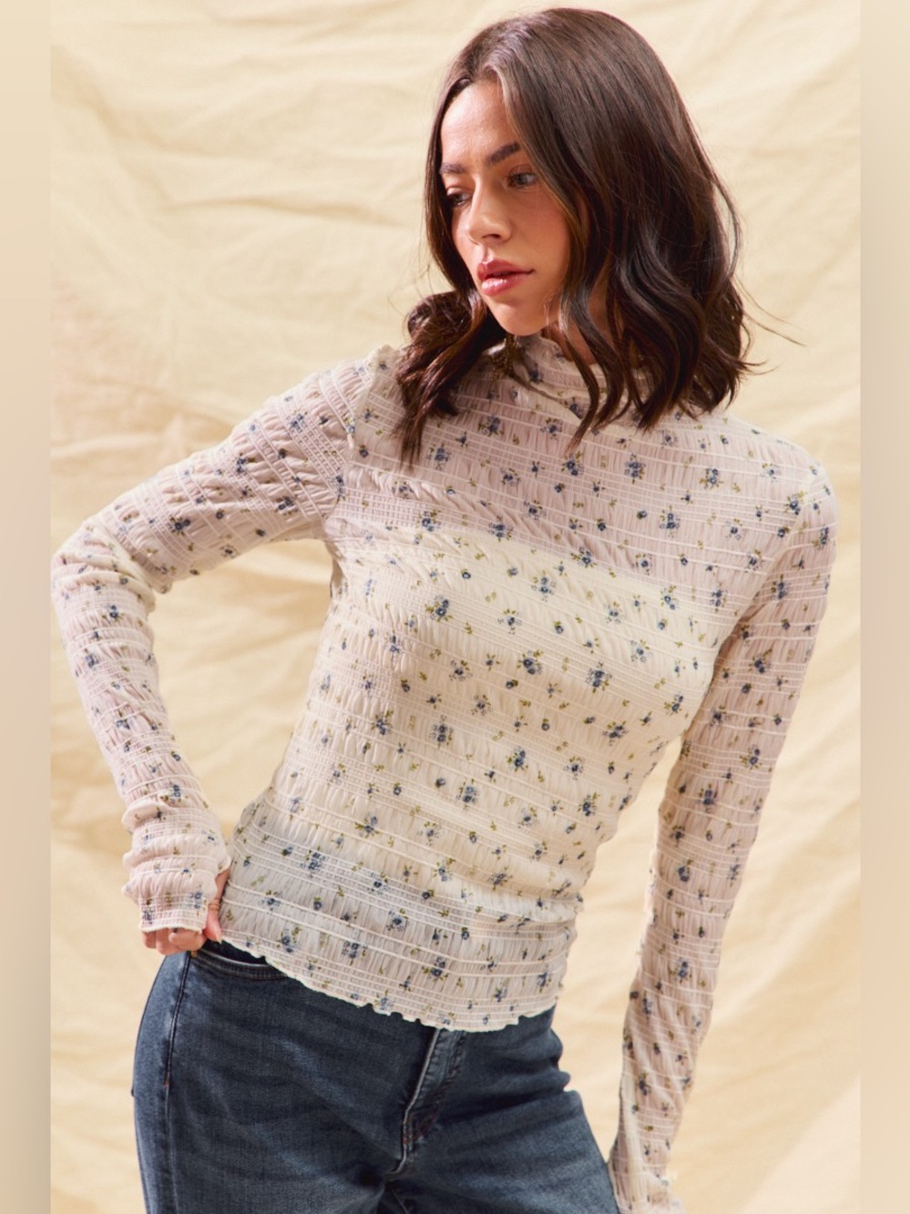 SO ME Floral Print Textured Long Sleeve Knit Top